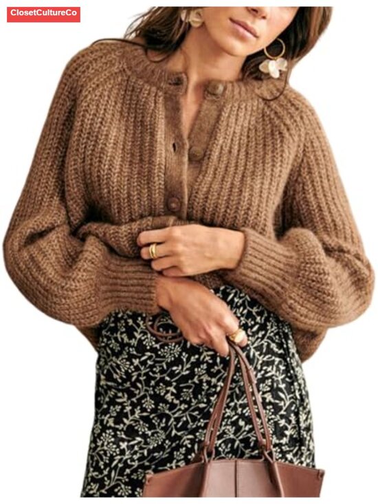 Sweaters - Chunky Knit Button Down Cardigan Long Sleeve Loose Knitwear Coat